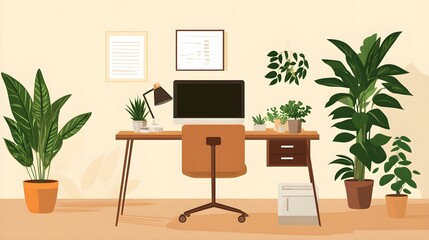 Fototapeta premium A cozy workspace featuring a wooden desk, ergonomic chair, and potted plants on a light solid color background