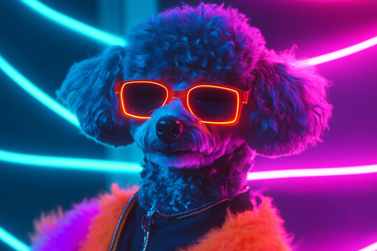 Realistic lifelike poodle dog pup puppy in fluorescent electric highlighters ultra-bright neon outfits, commercial, editorial advertisement, surreal surrealism. 80s Era comeback