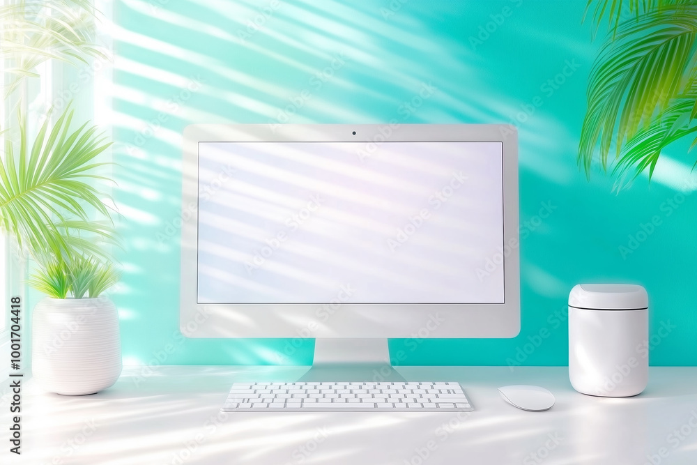 Poster bright and serene workspace featuring a clean computer and greenery by a sunlit window