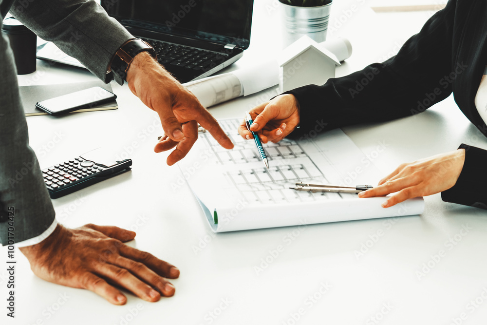 Poster architect and engineer working with construction drawing project on table in office. architecture an
