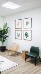 Fototapeta premium Bright office wall with motivational art prints, complemented by a clean light color palette, ideal for a creative environment