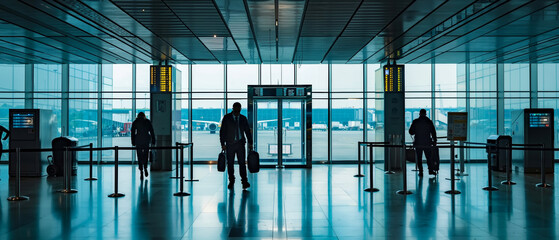 A group of people walking through an airport terminal
