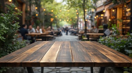 Wooden table in a modern café with a blurred background of people and greenery, ideal for lifestyle and dining themes.