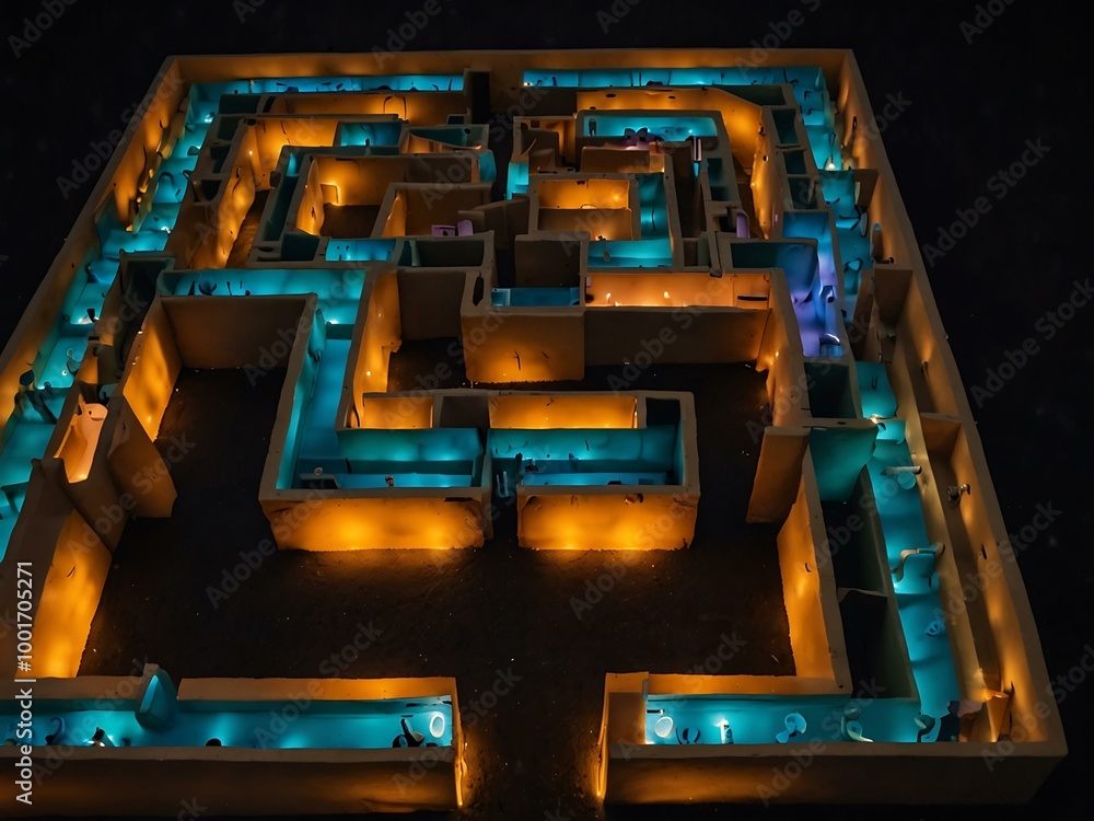 Poster lit labyrinth with a single exit, representing problem-solving.