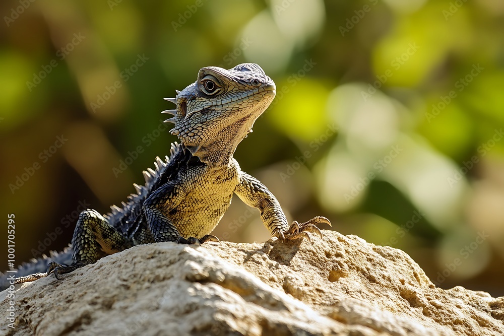Poster closeup of a lizard on a rock with green bokeh background
