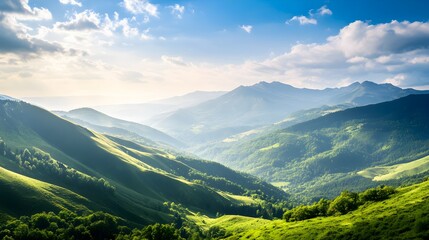 Serene mountain landscape with lush green valleys and a clear blue sky, perfect for relaxation
