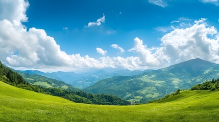 Obraz premium Serene mountain landscape with lush green valleys and a clear blue sky, perfect for relaxation