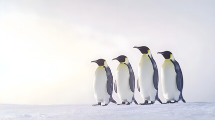 Obraz premium A group of emperor penguins standing together on the icy landscape of Antarctica, showcasing their unique black and white plumage against a light solid color background