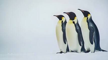 Obraz premium A group of emperor penguins standing together on the icy landscape of Antarctica, showcasing their unique black and white plumage against a light solid color background