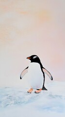 Fototapeta premium A solitary penguin waddling across the ice, with a soft pastel background that emphasizes its distinctive shape and texture