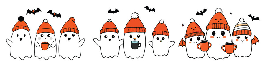 Cute ghost characters in red hats, cheerful mood, vector illustration, perfect for Halloween decor