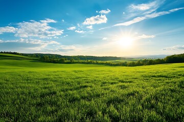 Fototapeta premium Scenic Summer Meadow with Lush Grass and Blue Sky