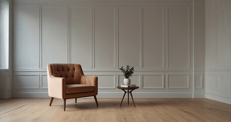Chairs in an empty room decorated with classic brown wall panels. Modern armchairs and studio design. Simple, bright space.