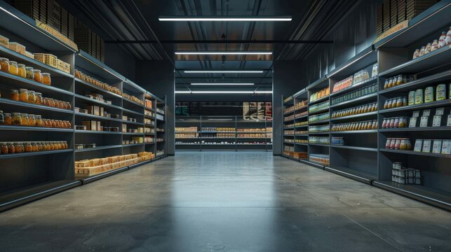 An empty grocery store interior with unstocked shelves in a contemporary supermarket, featuring ambient lighting and a sterile environment.