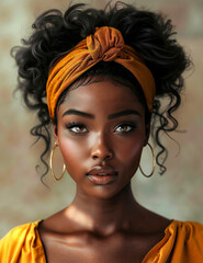 Naklejka premium A woman with curly hair wearing a yellow top and a headband