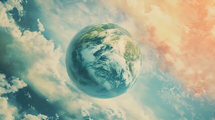 A close-up of Earth, highlighting the swirling clouds and atmospheric details, with a soft pastel...