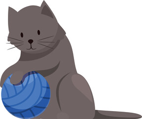 Grey cat playing with blue yarn ball, isolated on white background