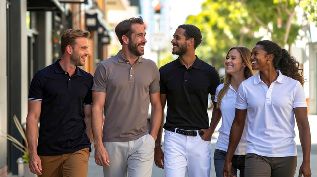 A group of people walking down a city street