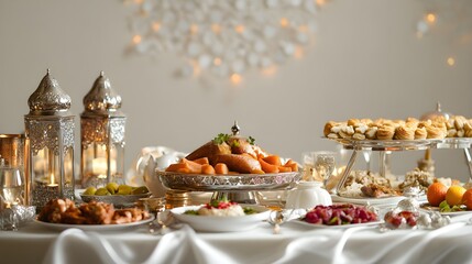 An elegant table setting adorned with traditional dishes and decorations for iftar, with a light solid color background to enhance the focus