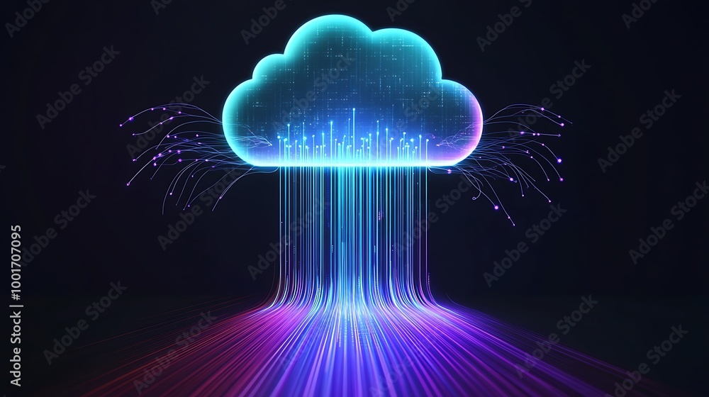 Poster a glowing cloud icon with digital lines pouring out of the bottom.