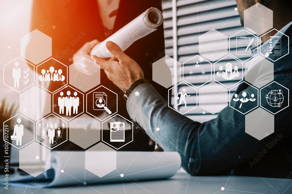 Poster human resources recruitment and people networking concept. modern graphic interface showing professi