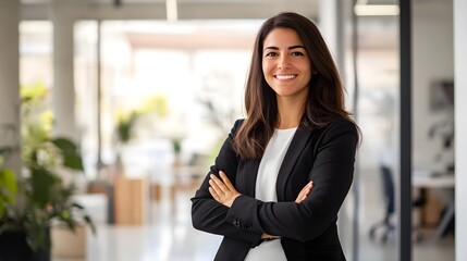 A professional real estate agent standing confidently with arms crossed, smiling at the camera, in a bright office setting
