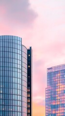 Contemporary skyscraper with unique architectural design, illuminated at sunset with soft pastel colors in the background