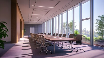 Fototapeta premium An empty conference room with a long table and comfortable chairs, natural light pouring in from large windows