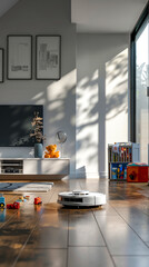 A robot vacuum cleaner on the floor in a living room