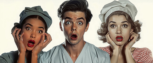 A man and two women in scrubs and hats are looking at the camera