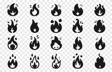 Set of vector fire icons png. Fire icon on isolated transparent background. Fire of different shapes in cartoon style.