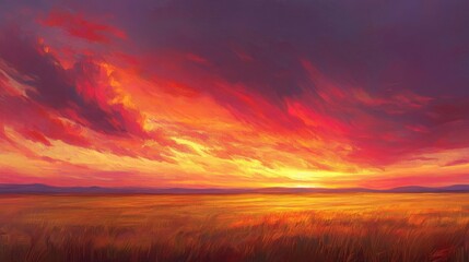 Fototapeta premium A fiery sunset paints the sky with vibrant hues of red and orange as the sun dips below the horizon, casting a warm glow over a vast field of golden wheat.