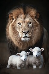 Fototapeta premium A lion with two lambs rests together in a serene environment creating a striking contrast