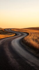 Fototapeta premium A deserted rural road winding through an open field, with a warm golden sunset casting a soft glow on the pavement