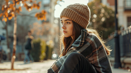 A woman sitting on a bench in the middle of a city