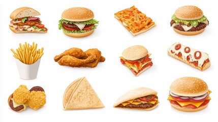 A collection of fast food items including fried chicken, fries, pizza, sandwiches, and tacos, isolated on a white background. 