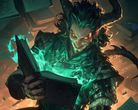 tiefling male with glowing green eyes reads magical book surrounded by spectral light