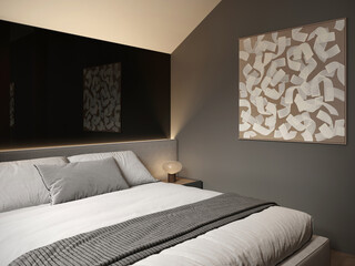 visualization of a dark modern bedroom, glossy surface, 3d rendering, cg illustration