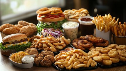 A variety of fast food displayed on a table, ready for a meal. -