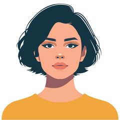 A minimalist vector illustration of a young woman with short dark hair, wearing a mustard yellow top. The portrait showcases her calm expression, creating a modern and stylish look.