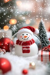 A festive snowman character in a snow globe surrounded by holiday decorations and lights