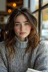 A woman sitting at a table with a book in front of her