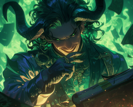 tiefling male smiles mischievously as he conjures magical green flames
