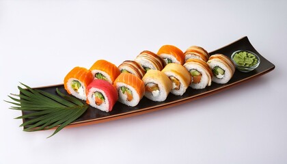 Abstract dish of sushi rolls arranged artfully on a white background