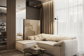 visualization of a dark modern interior of kitchen and livind room, glossy surface, 3d rendering, cg illustration