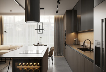 visualization of a dark modern interior of kitchen and livind room, glossy surface, 3d rendering, cg illustration