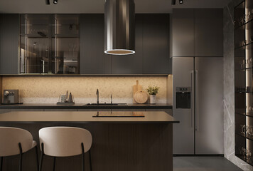 visualization of a dark modern interior of kitchen and livind room, glossy surface, 3d rendering, cg illustration