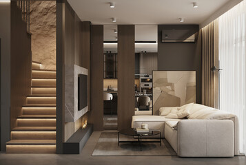 visualization of a dark modern interior of kitchen and livind room, glossy surface, 3d rendering, cg illustration