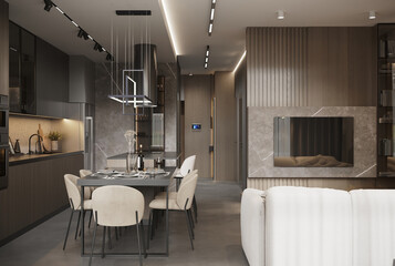 visualization of a dark modern interior of kitchen and livind room, glossy surface, 3d rendering, cg illustration