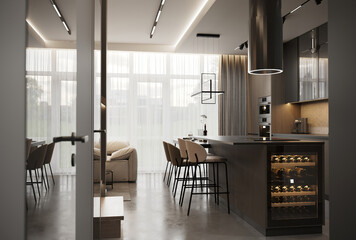 visualization of a dark modern interior of kitchen and livind room, glossy surface, 3d rendering, cg illustration
